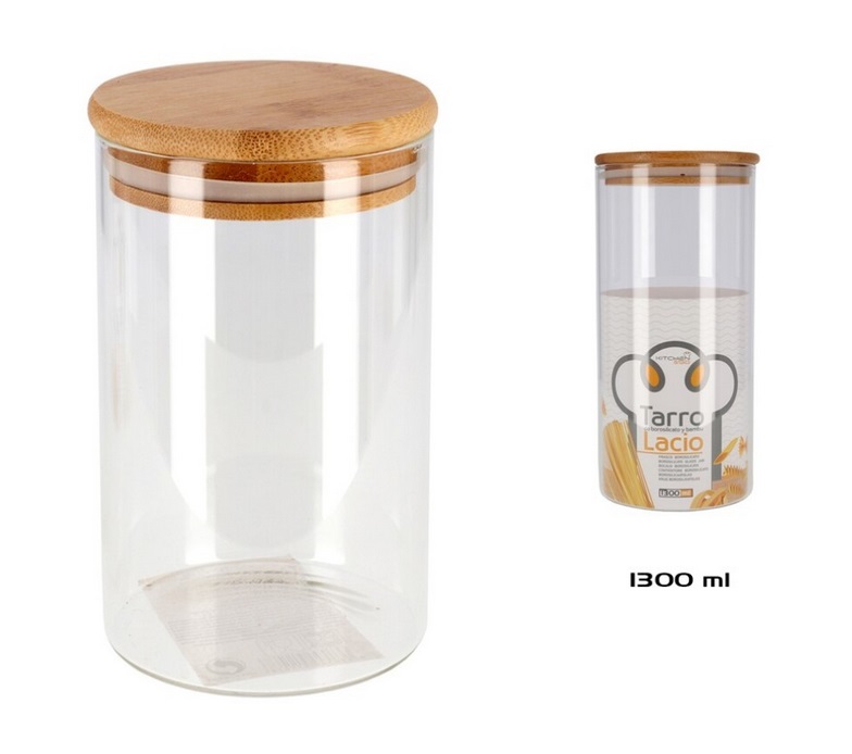 Tarro voorraadbus van borosilicaat glas met bamboe deksel 1300mL Tarro voorraadbus van borosilicaat glas met bamboe deksel 1300mL