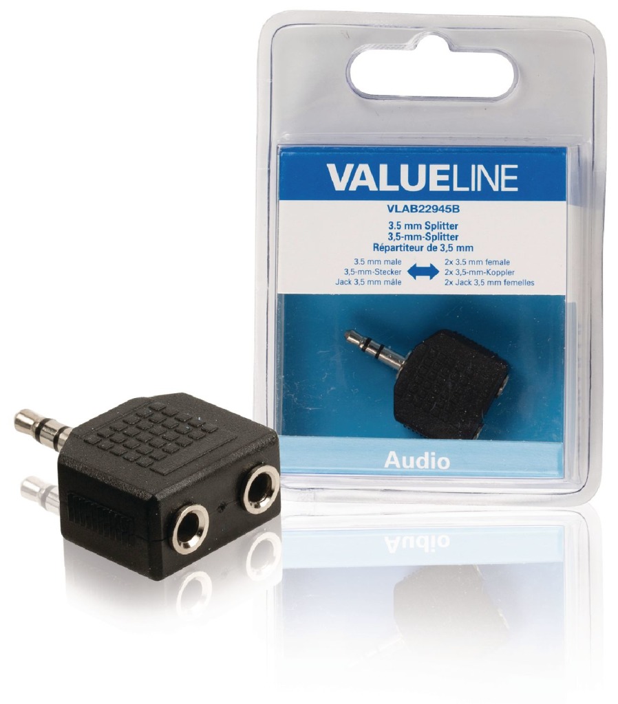 Valueline VLAB22945B Audio-splitter 3,5 mm Male - 2x Female Zwart Valueline VLAB22945B Audio-splitter 3,5 mm Male - 2x Female Zwart