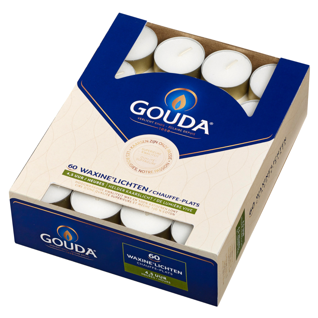 Gouda Waxinelichtjes 4,5 Branduren 60 Stuks Wit Gouda Waxinelichtjes 4,5 Branduren 60 Stuks Wit