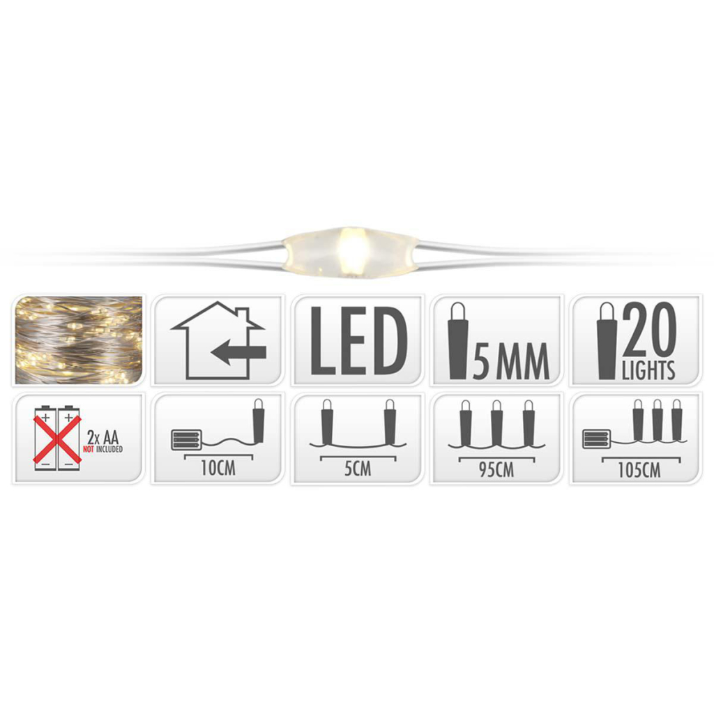 S.I.A. Zilverdraad Kerstverlichting op Batterij 95cm 20 LED Lampjes S.I.A. Zilverdraad Kerstverlichting op Batterij 95cm 20 LED Lampjes