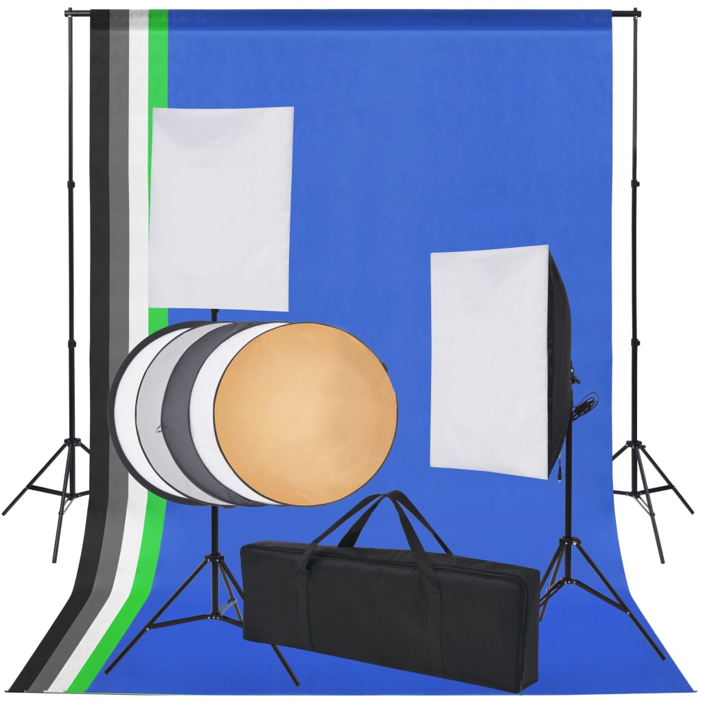 Fotostudio set met 5 gekleurde achtergronden & 2 softboxen Fotostudio set met 5 gekleurde achtergronden & 2 softboxen