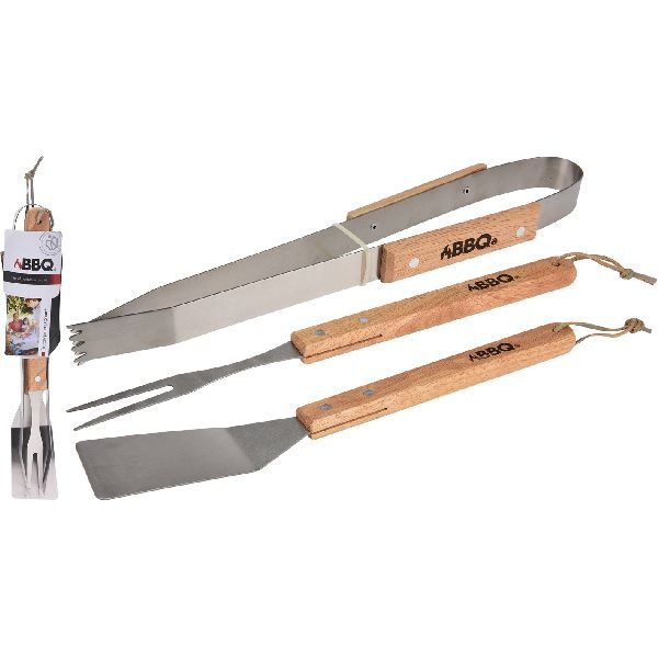 BBQ Gereedschap RVS/Hout 36cm 3-delig BBQ Gereedschap RVS/Hout 36cm 3-delig