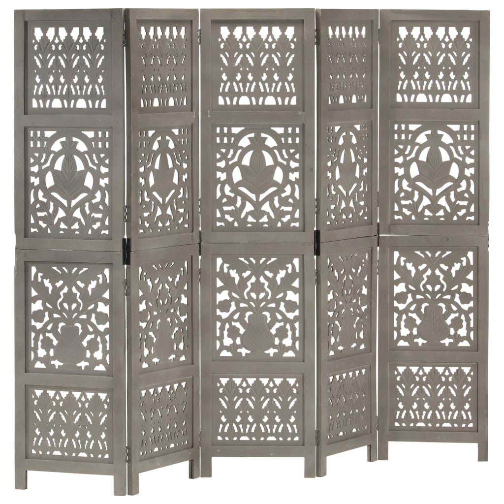 Kamerscherm 5 panelen handgesneden 200x165 cm mangohout grijs Kamerscherm 5 panelen handgesneden 200x165 cm mangohout grijs