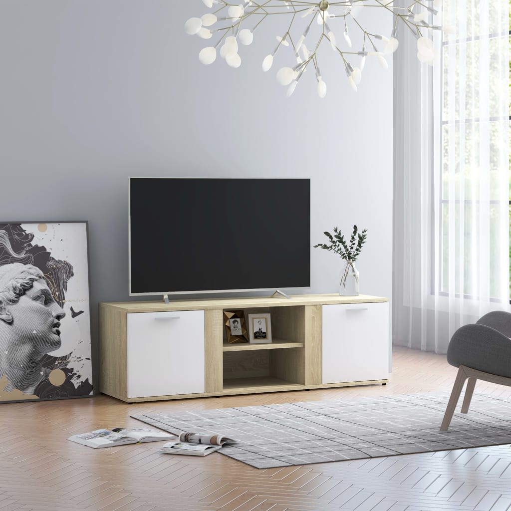 Tv-meubel 120x34x37 cm spaanplaat wit en sonoma eikenkleurig Tv-meubel 120x34x37 cm spaanplaat wit en sonoma eikenkleurig