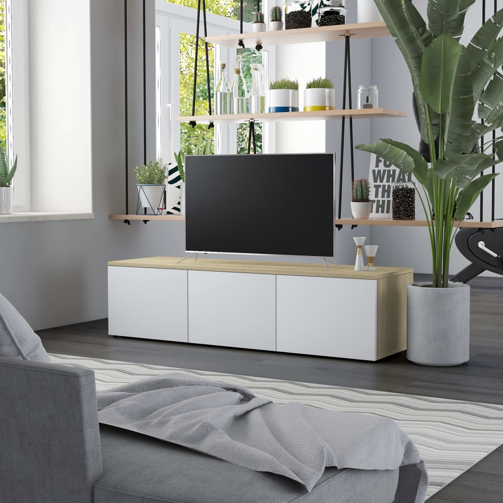 Tv-meubel 120x34x30 cm spaanplaat wit en sonoma eikenkleurig Tv-meubel 120x34x30 cm spaanplaat wit en sonoma eikenkleurig