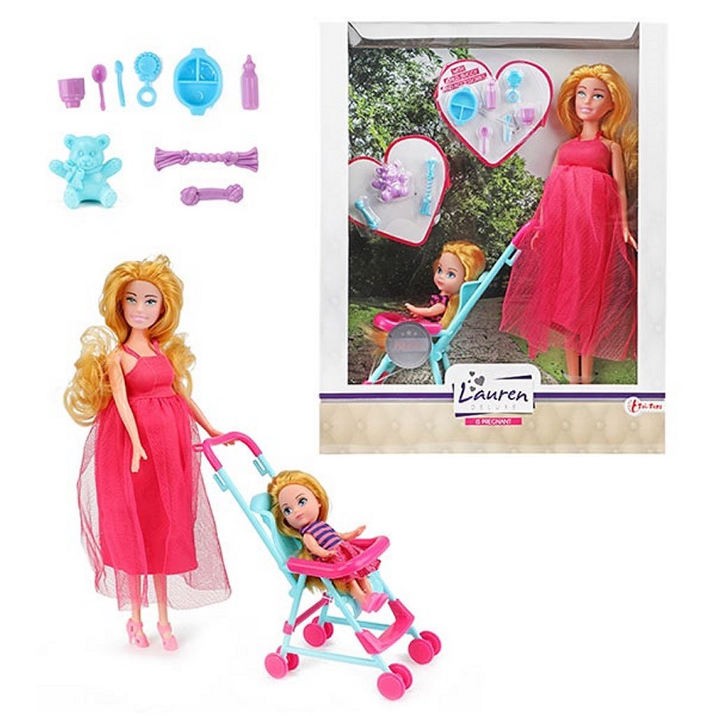 Lauren Deluxe Tienerpop Zwanger + Accessoires en Buggy Lauren Deluxe Tienerpop Zwanger + Accessoires en Buggy